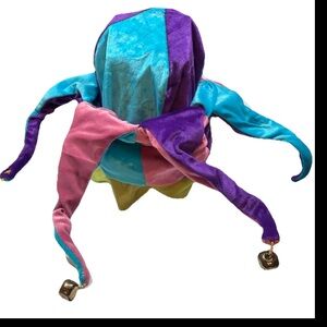Jester CLOWN Hat Costume FUNNY bells Pink Blue Green Purple Velvet Mardi Gras OS